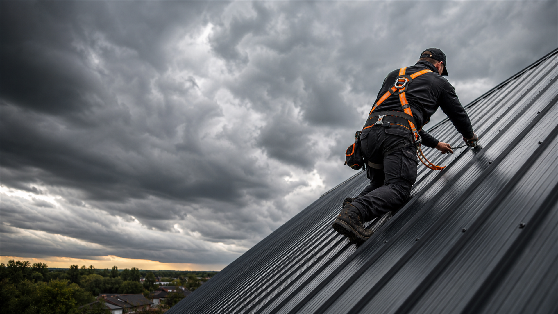 Roofer in a harness working on a long run iron roof under storm clouds